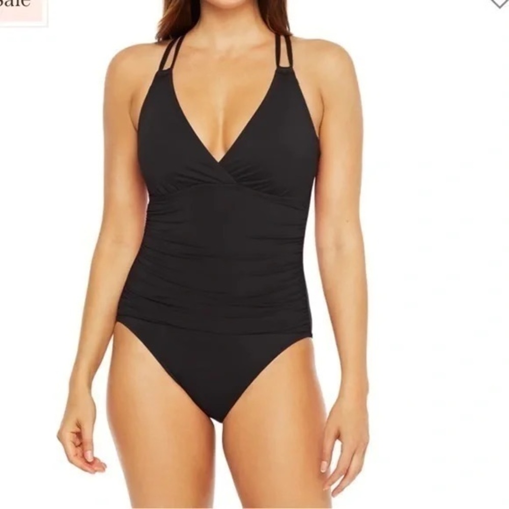 NWOT La Blanca Size 4 Black Island Goddess Strappy Cross Back 1-Piece Swimsuit